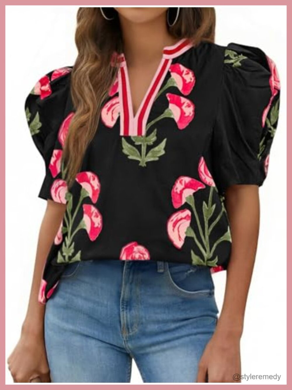 Women's Puff Sleeve Floral Blouse – Casual Dressy V-Neck Top